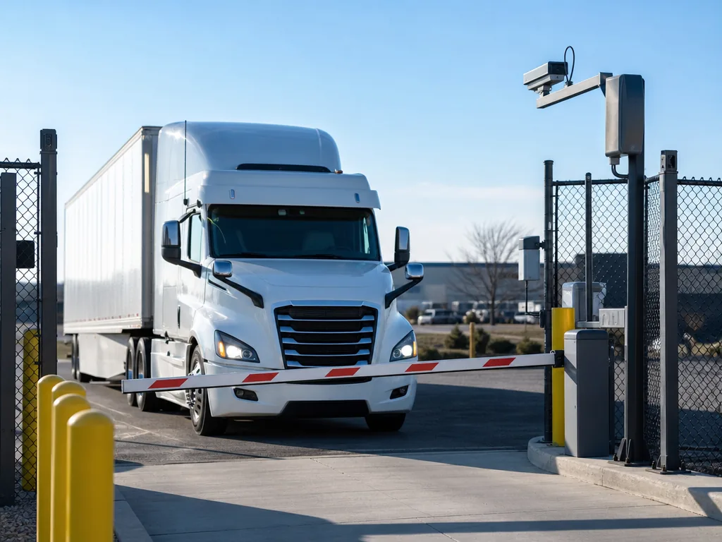 A semi truck stopped at the gated entrance of a secure truck parking facility, with a raised barrier arm and a pole-mounted access camera above the lane.