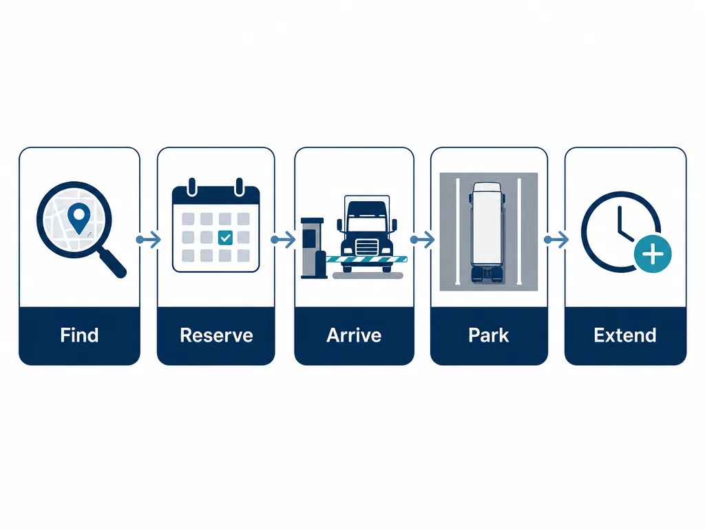 Five-stage process graphic of the digital truck parking driver journey — Find, Reserve, Arrive, Park, Extend.