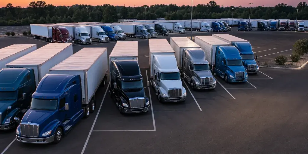 Aerial view of a large commercial truck parking facility at sunset, with many tractor-trailers parked in orderly rows within marked spaces.