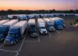 Aerial view of a large commercial truck parking facility at sunset, with many tractor-trailers parked in orderly rows within marked spaces.