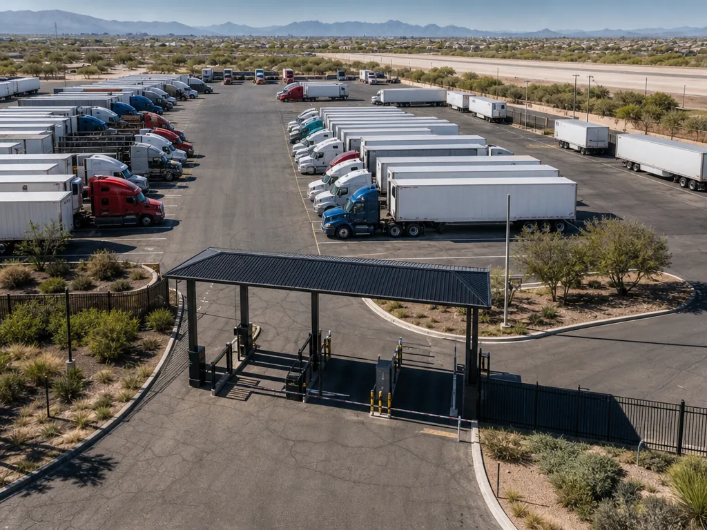 Elevated view of an organized commercial truck parking facility with a covered entry gate and rows of tractor-trailers parked along a central drive aisle.