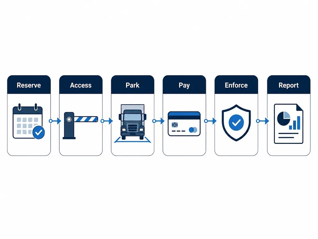 Six-stage process graphic of the truck parking operations lifecycle — Reserve, Access, Park, Pay, Enforce, Report.